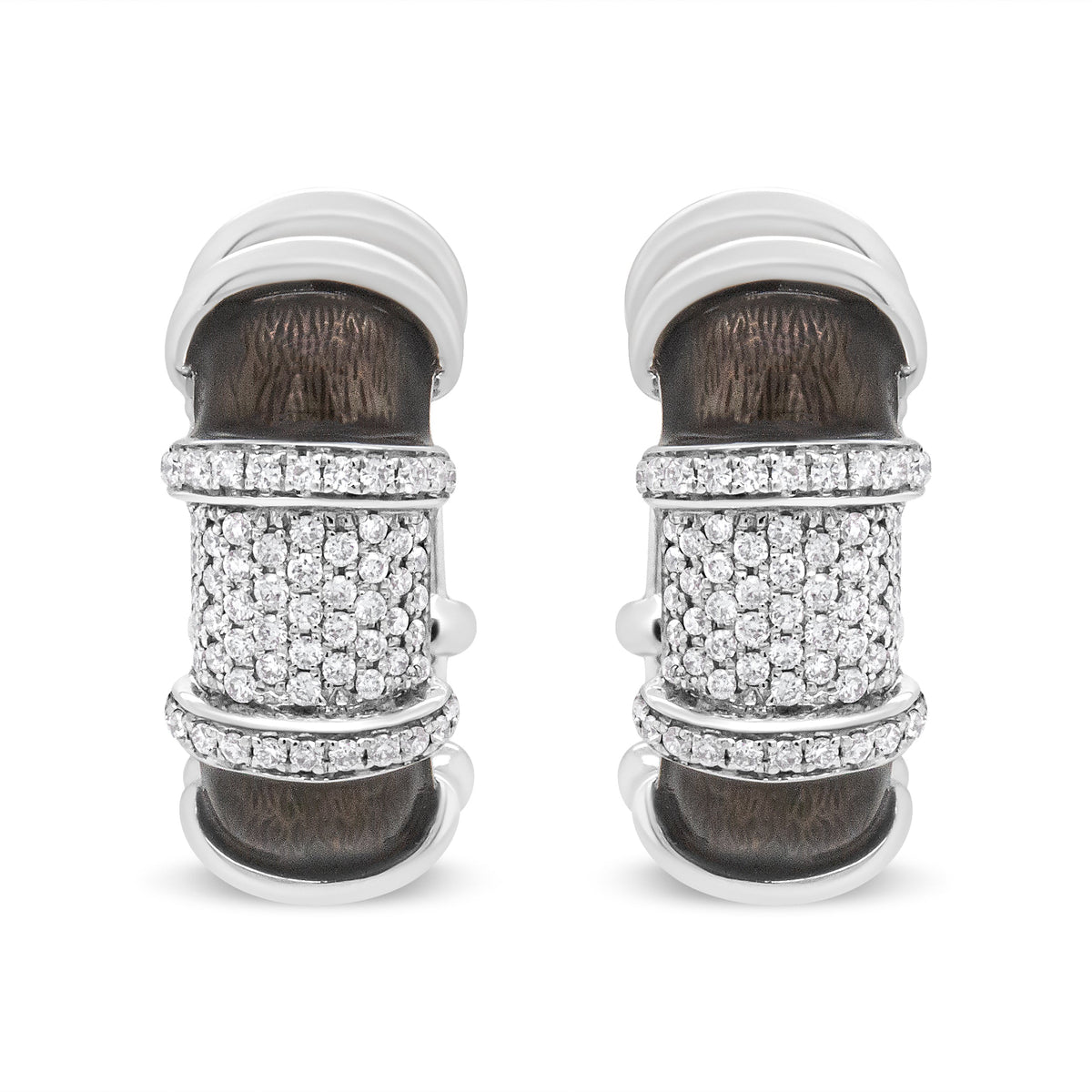 18K White Gold Flash Plated .925 Sterling Silver Clear Graphite Grey Enamel 5/8 Cttw Round Diamonds Huggie Hoop Earrings (F-G Color, VS1-VS2 Clarity)