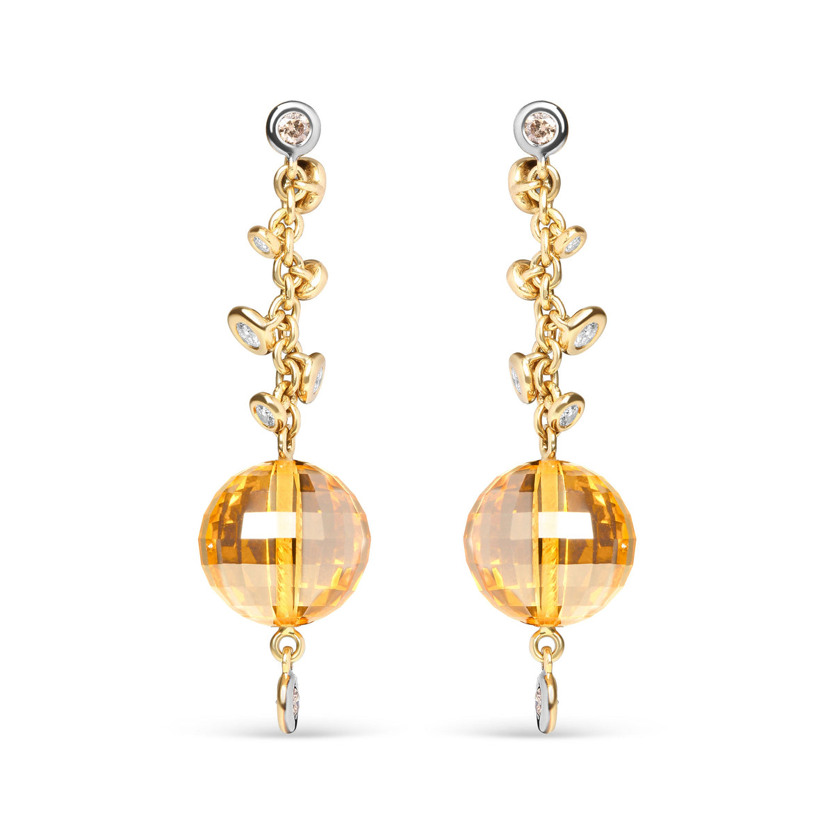 18K Yellow Gold 2/3 Cttw Round Bezel Diamond and 25mm Ball Shaped Yellow Citrine Gemstone Dangle Stud Earring (Brown and G-H Color, SI1-SI2 Clarity)