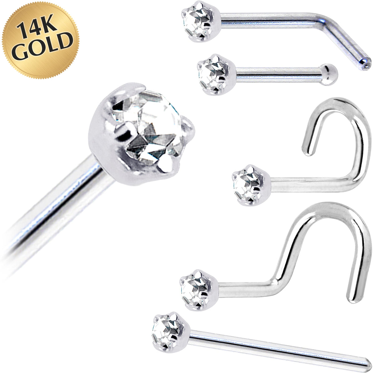 Solid 14K White Gold 2mm Clear Cubic Zirconia Nose Ring