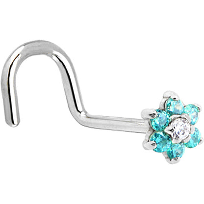 Solid 14K White Gold Mint Green and Clear Cubic Zirconia Flower Nose Ring