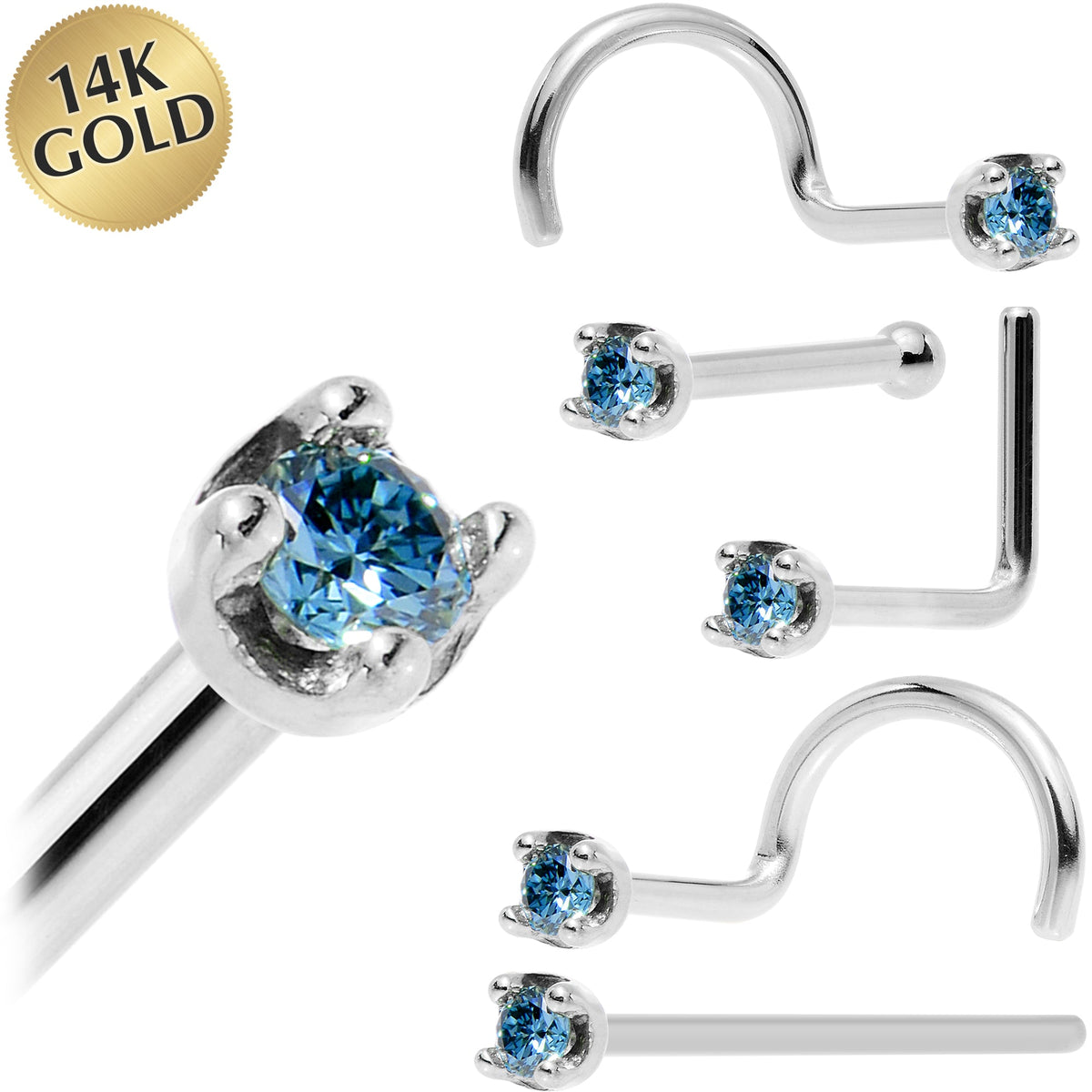 Solid 14K White Gold 1.5mm Genuine Blue Diamond Nose Ring