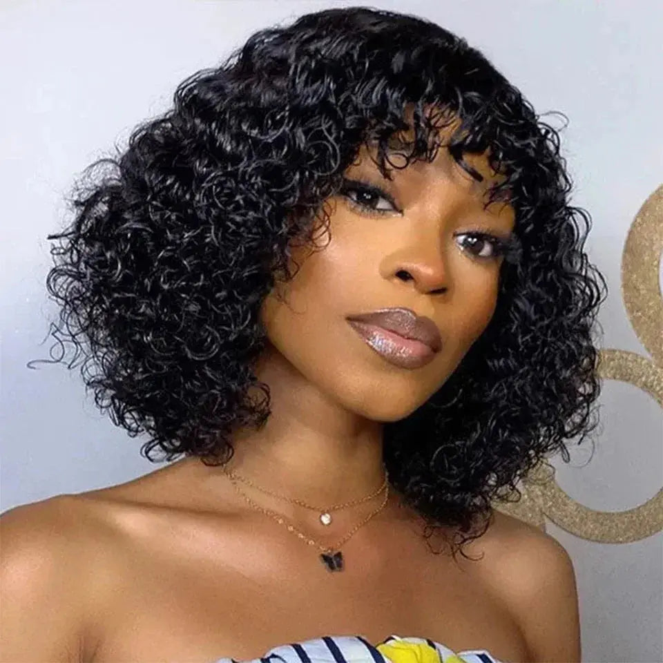 Natural Jerry Curly With Bangs | Brazilian | Human Hair Wigs | Short Bob Wigs