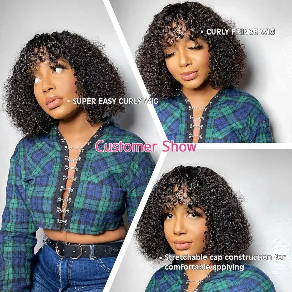 Natural Jerry Curly With Bangs | Brazilian | Human Hair Wigs | Short Bob Wigs