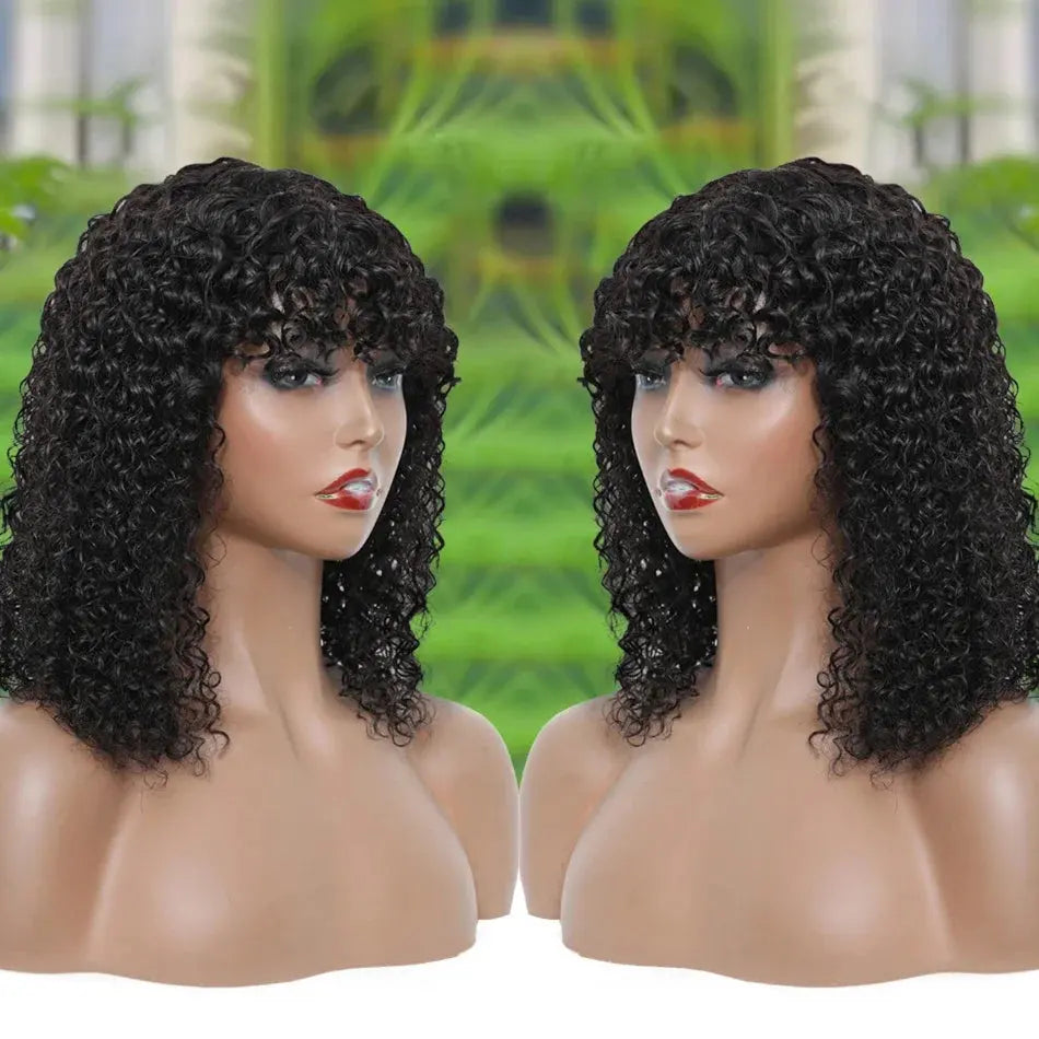 Natural Jerry Curly With Bangs | Brazilian | Human Hair Wigs | Short Bob Wigs