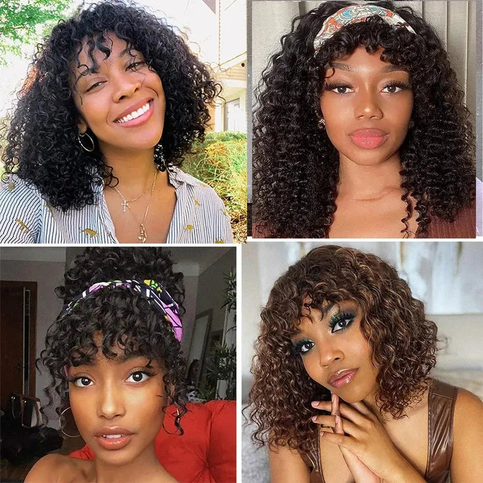 Natural Jerry Curly With Bangs | Brazilian | Human Hair Wigs | Short Bob Wigs