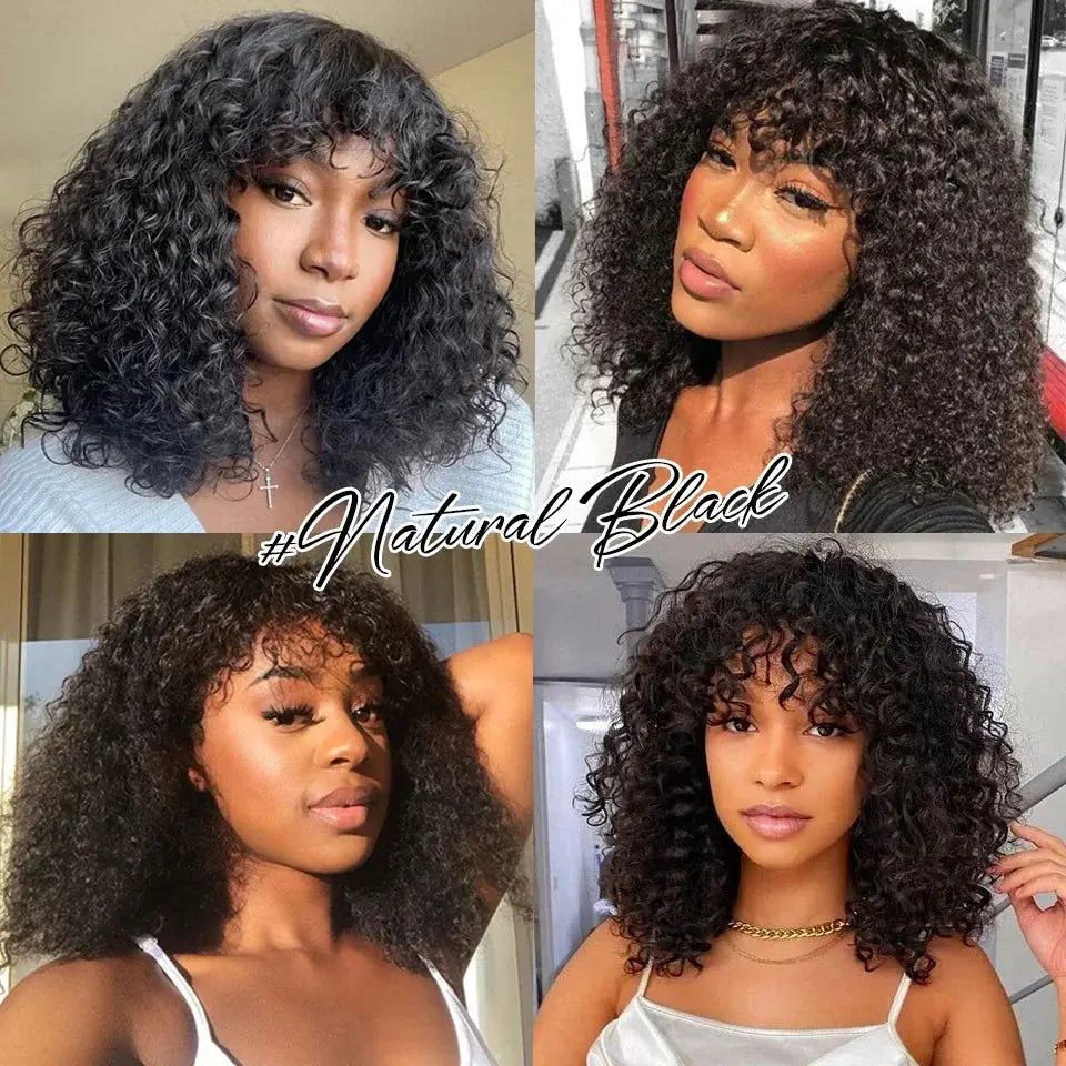 Natural Jerry Curly With Bangs | Brazilian | Human Hair Wigs | Short Bob Wigs
