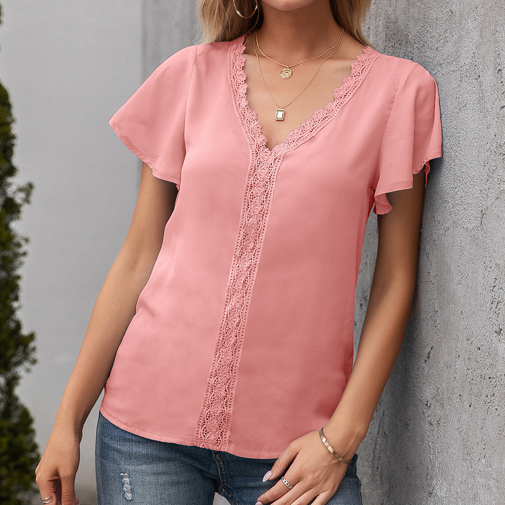 Summer Simple Ladies V neck Casual Loose Hollow Out Women