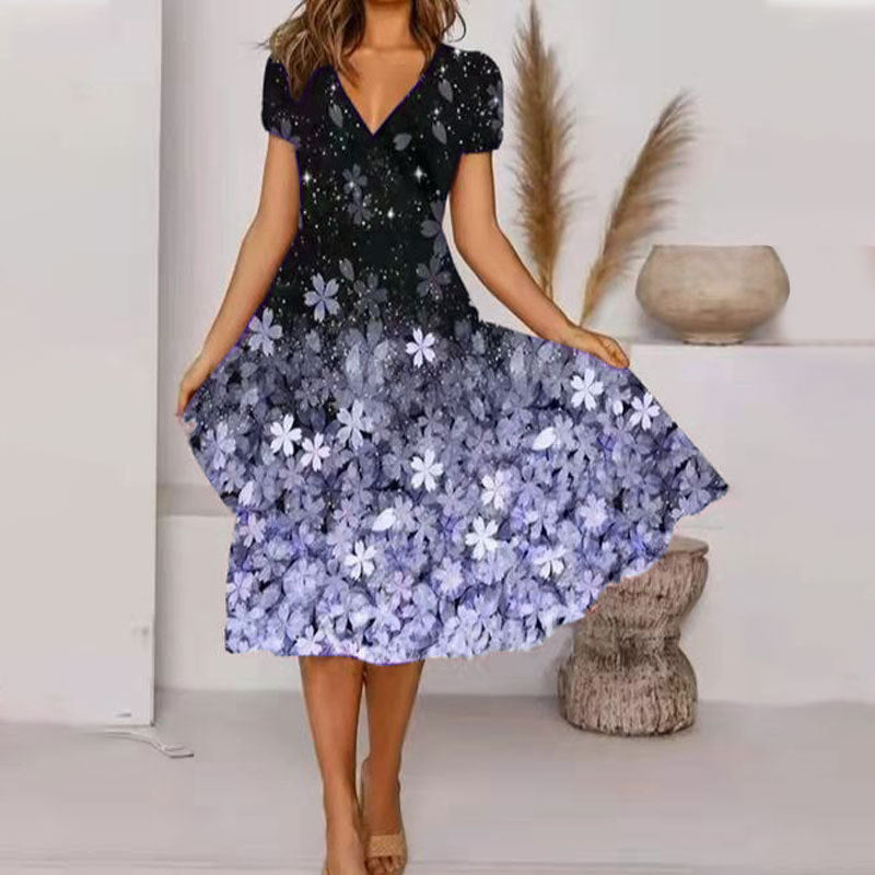 V Neck Bohemian Print Short Sleeve Dress - Flowy Casual Summer Dress with Elastic Waist