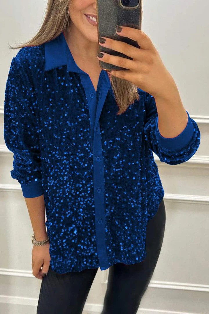 Autumn Winter Long Sleeve Loose Casual Sequin Shirt