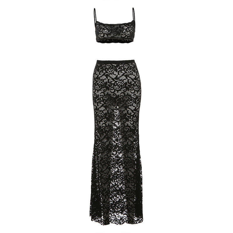 Summer Sexy Cutout Strap Top Solid Color High Waist Skirt Lace Two Piece Sets