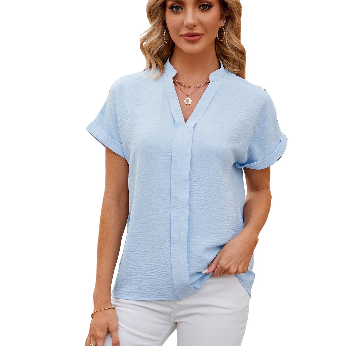Spring Summer Solid Color V neck Short Sleeve Shirt Loose Casual Chiffon Shirt