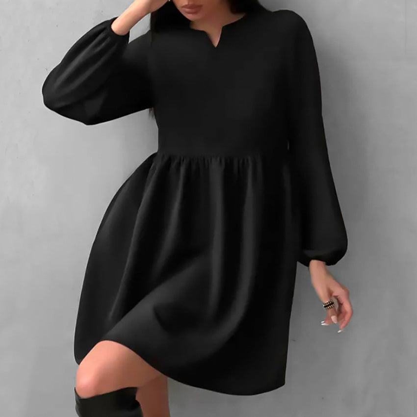 Wine Red V Neck Puff Sleeve High Waist Dress Chic Russian Spring Women