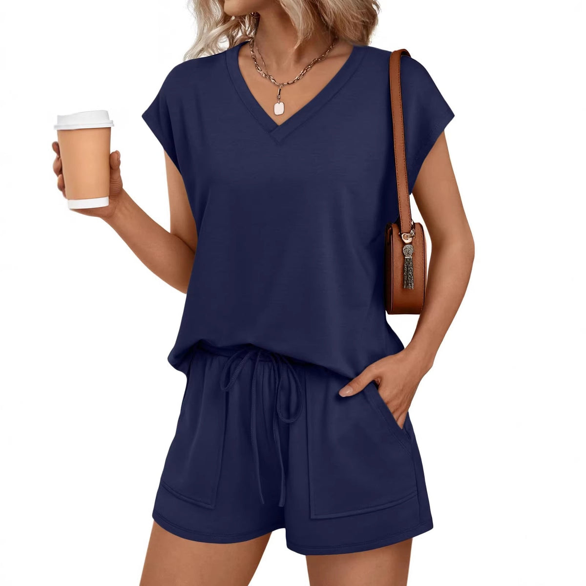 Summer Women V neck Short Sleeved Shorts Casual Two Piece Sets