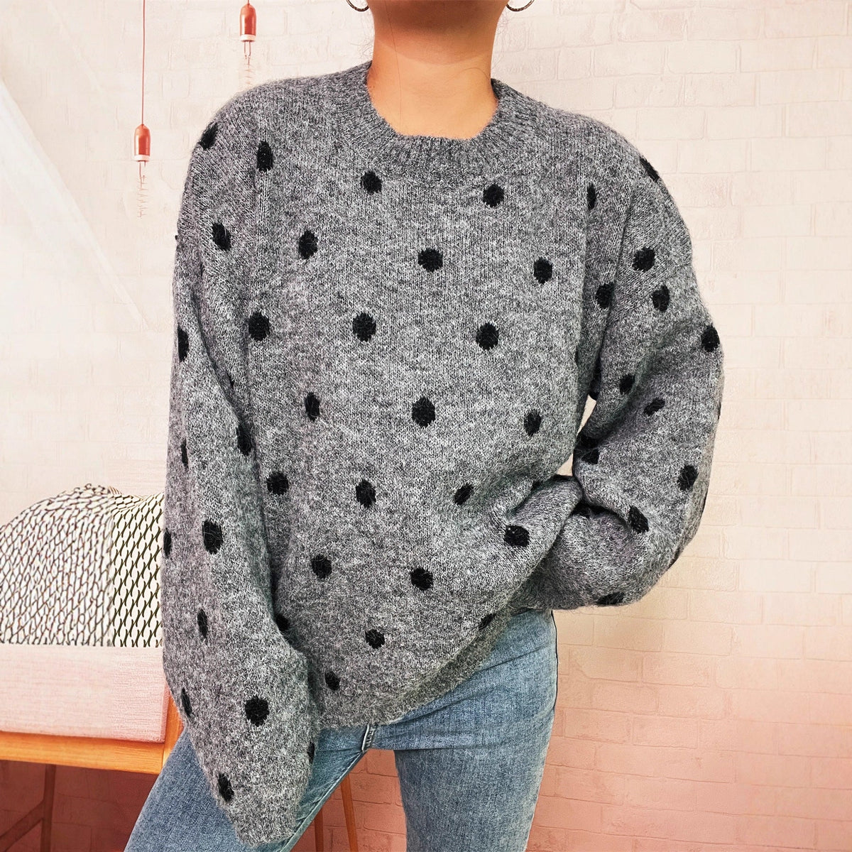 Polka Dot Knitted Top Crew Neck Casual Loose Lazy Sweater Pullover