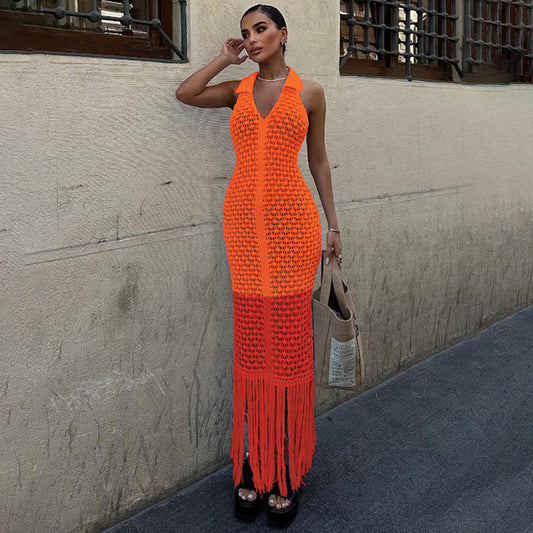 Summer Sexy Hollow Out Cutout out See through Maxi Dress Polo Collar Dress Women Clothing