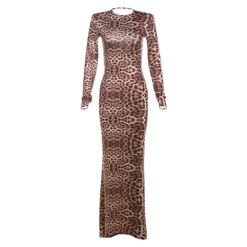 Autumn Winter Women Clothing Elegant Sexy Leopard Print round Neck Long Sleeve Slim Fit Sheath Dress Dress