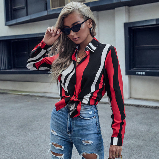 Early Autumn Women Wear Mid Length Long Sleeve Polo Collar Stripes Shirt
