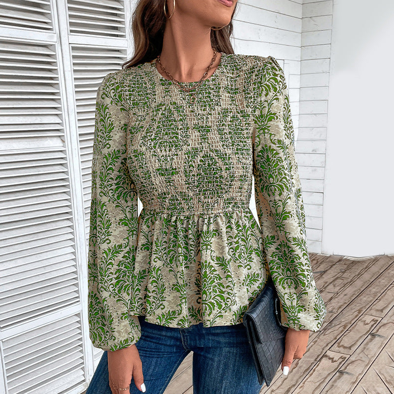 Women Clothing Autumn Slim Fit Long Sleeved Printed Top