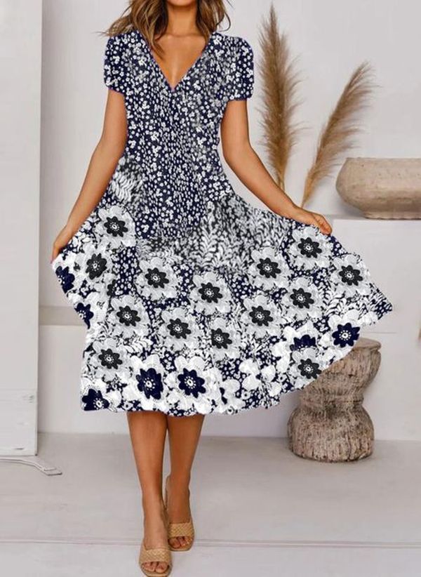 V Neck Bohemian Print Short Sleeve Dress - Flowy Casual Summer Dress with Elastic Waist