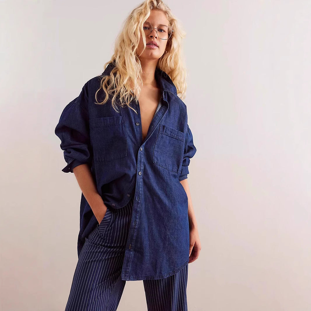 Women Loose Retro Casual Laid Back Denim Shirt