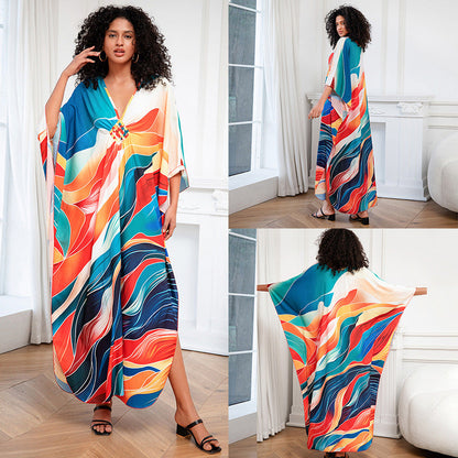 Positioning Print Holiday Loose plus Size Robe Beach Cover up Dress Bikini Cover-up Women's Clothing