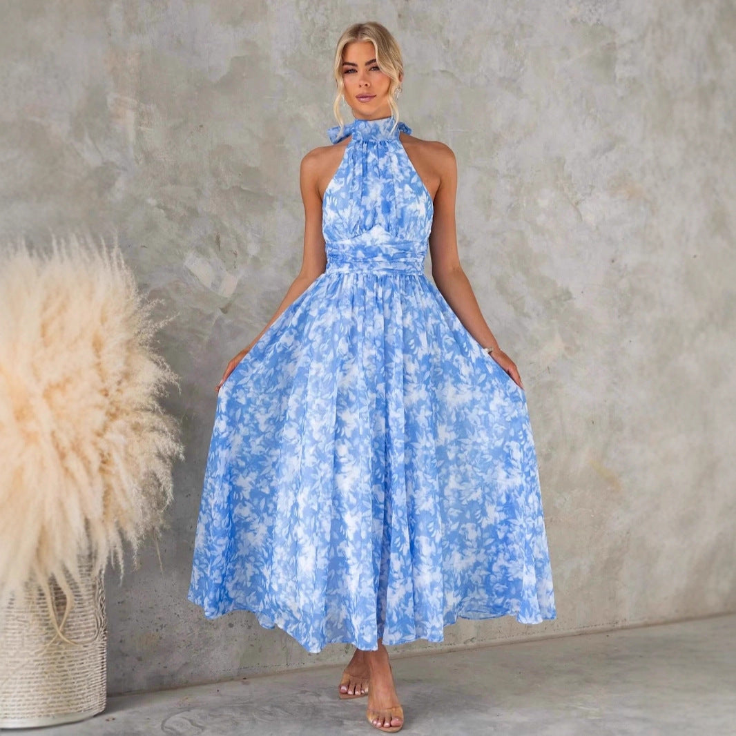 Women Clothing Vacation Sleeveless Printed Backless Halter Long Dress