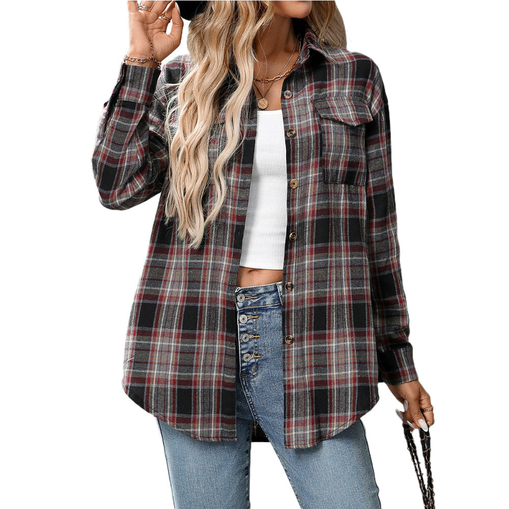 Autumn Winter Women Clothing Casual Loose Plaid Pocket Shirt for Women