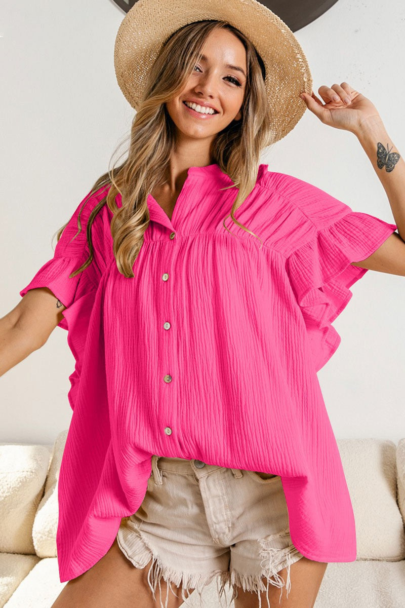 Summer Women Clothing Stand Collar Wooden Ear Sleeve Pleated Top