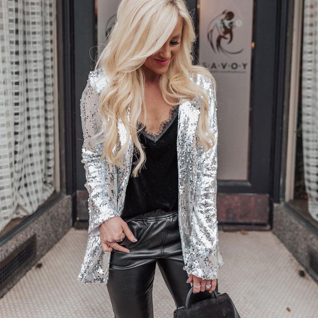 Women Clothing Multi Color Sequined Long Sleeve Elegant Blazer