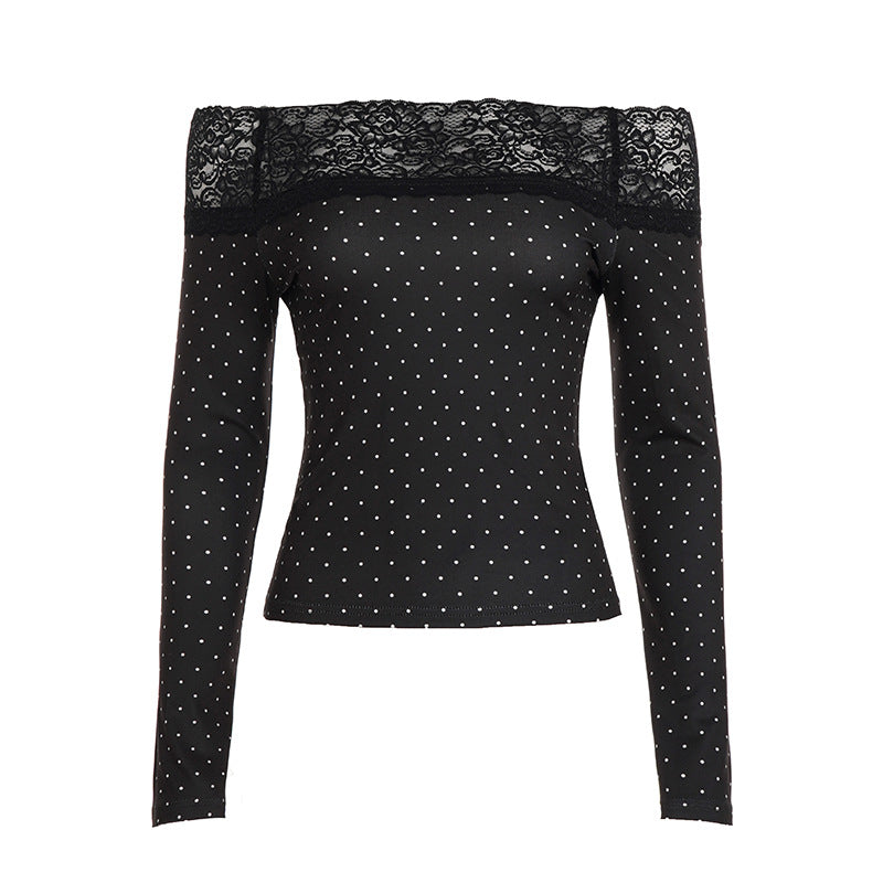 Sexy off Shoulder Lace Stitching Long Sleeve T shirt Women Polka Dot Slim Fit Knitted Top