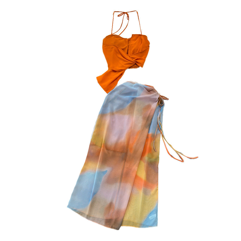 Beach Vacation Fashion Set – Halter Crop Top + High-Waist Tie-Dye Print Skirt, Two-Piece Bikini Cover-Up Coord