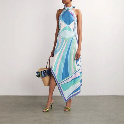 Summer Sexy Positioning Printing Satin Backless Top Irregular Asymmetric Skirt Two Piece Set