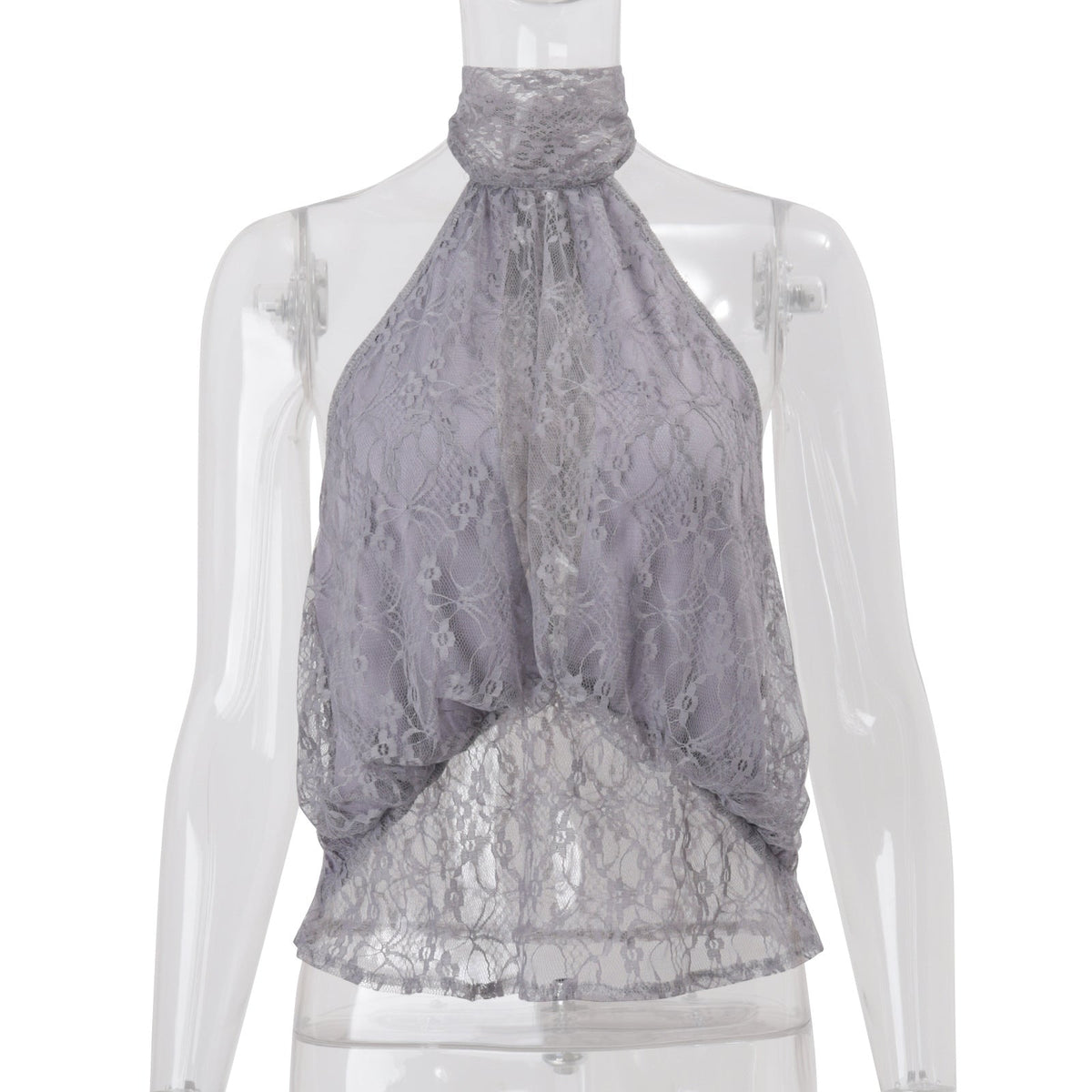 Women Clothing Summer Fashionable Chic High Neck Lace See Through Sleeveless Backless Irregular Asymmetric Top