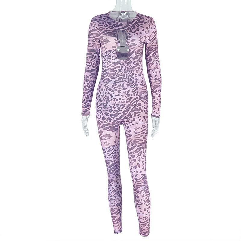 Personalized Leopard Print Women Printed Tight Long Conjoined Trousers Hollow Out Cutout Backless Turtleneck Long Sleeve Jumpsuit