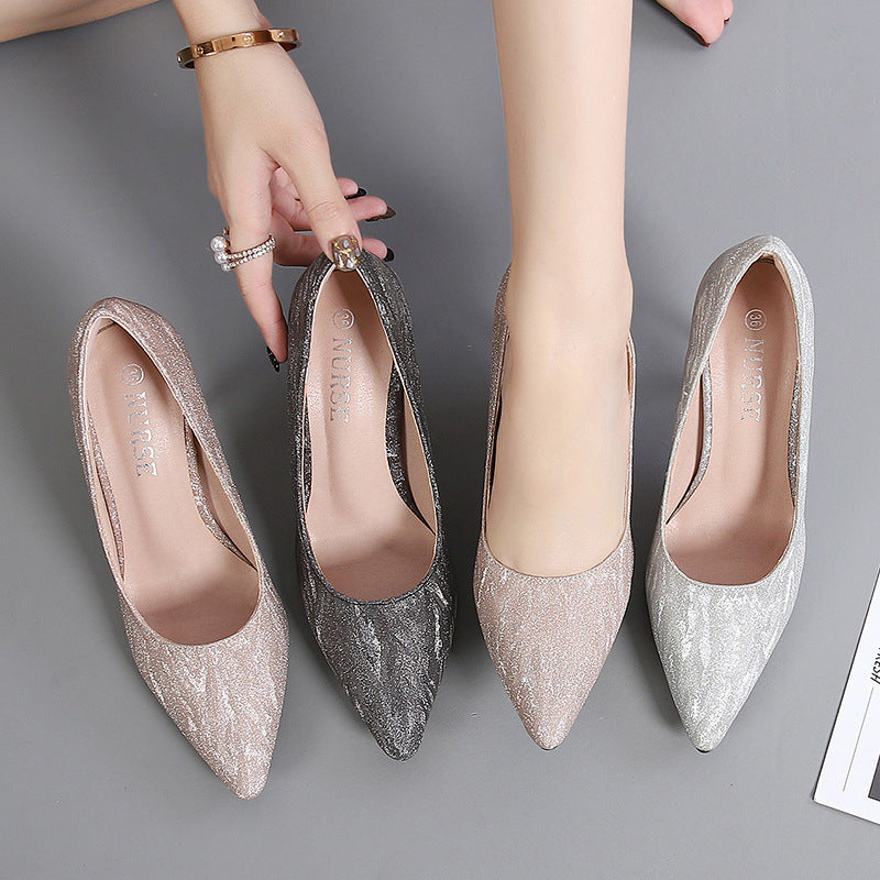 Korean Cocktail High Heels Metal Heel High Heel Low Cut Pointed Shining Sequin Cloth Pumps