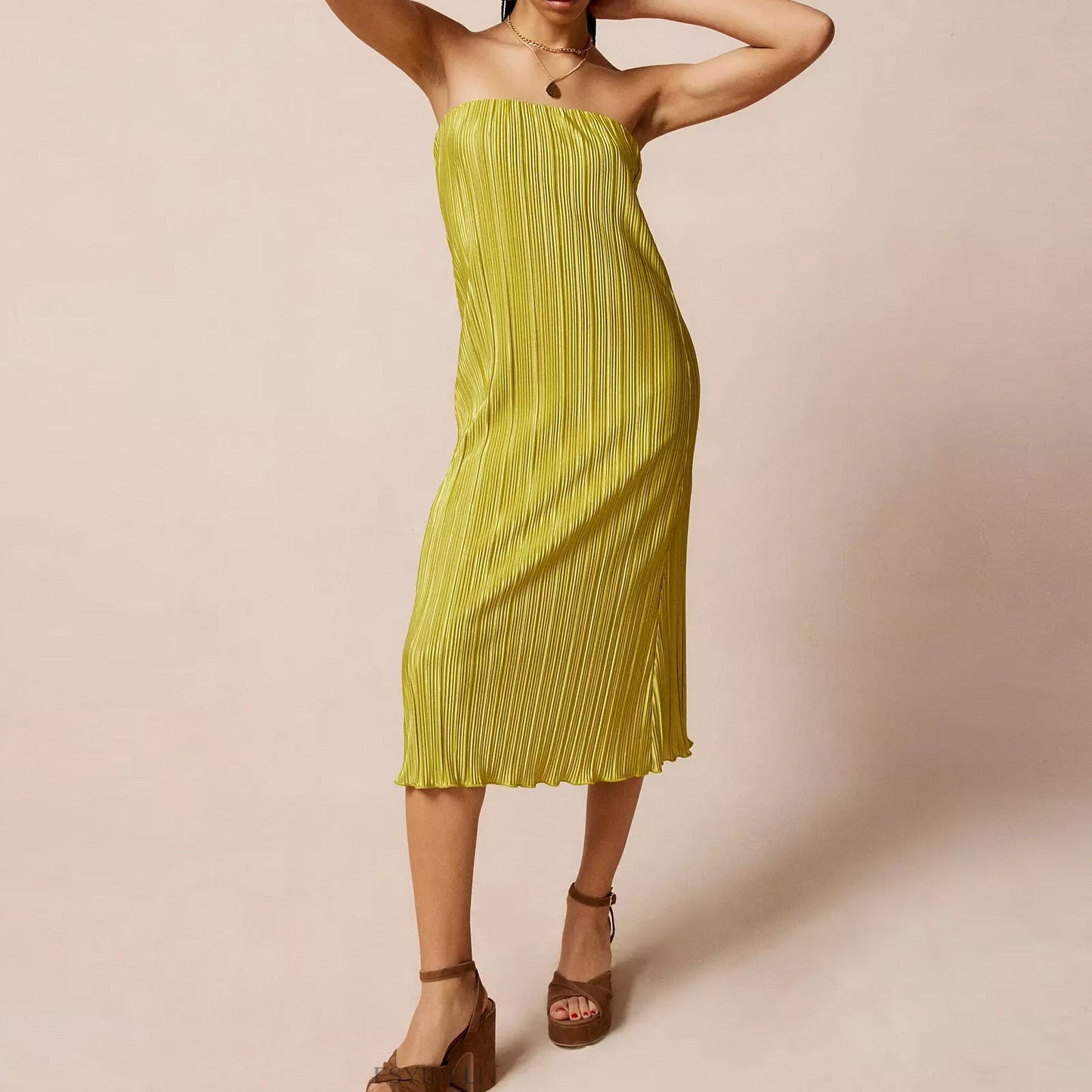 Solid Color Pleated Tube Top Backless Maxi Dress Summer Casual Loose Dress Women