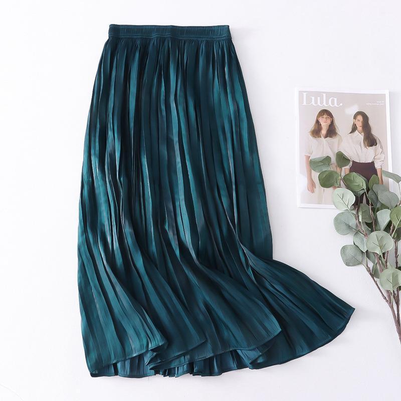 Autumn Willow Pleated Skirt Women Korean High Waist Satin Elegant Big Hem A line Skirt