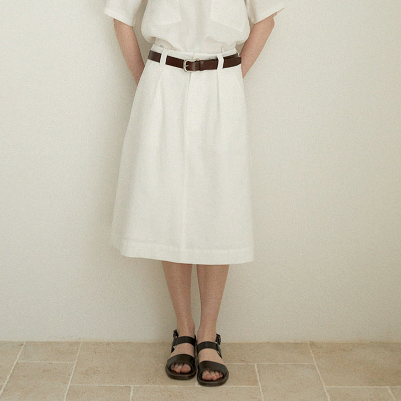 Pure Linen A line Skirt Women Summer High Waist Skirt Old Money Slimming Loose Straight Dress over the Knee Office Mid Skirt (no belt)