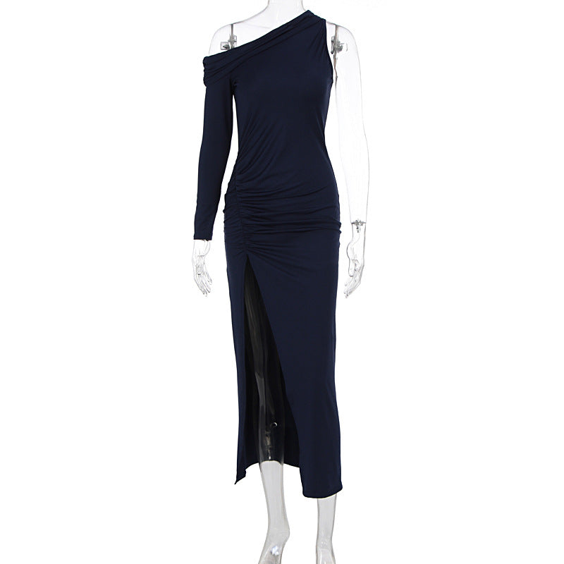 Women Clothes Summer Oblique Shoulder Long Sleeve Slim Fit Slit Dress