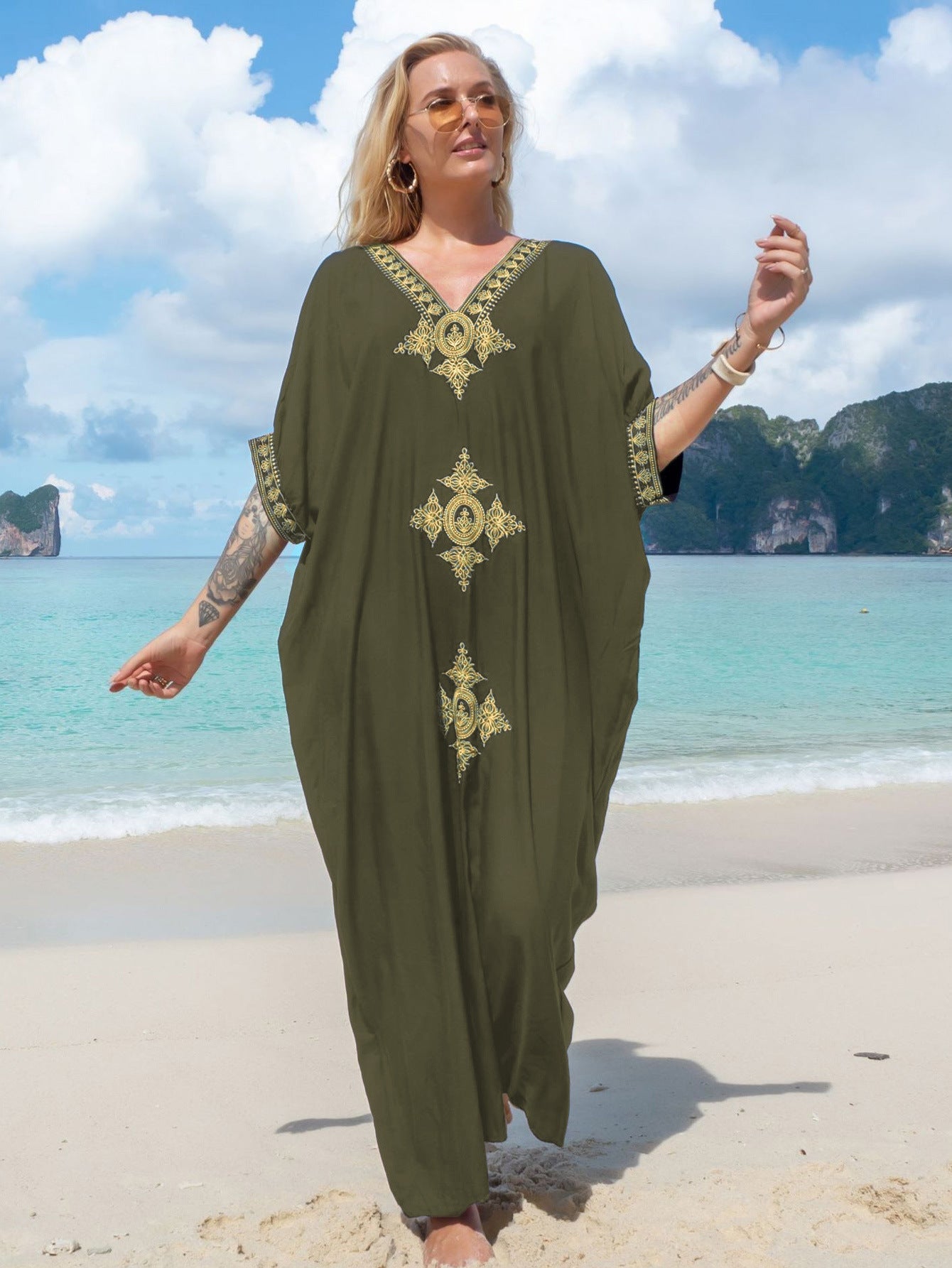 Rayon Gold Thread Embroidery Beach Cover up Sexy Loose Embroidery Vacation Skirt Beach Cover Up