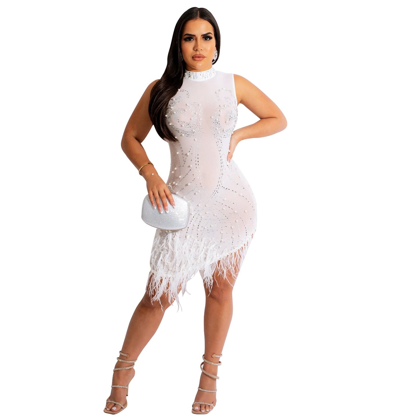 Summer Women Clothing Sexy Mesh Rhinestone Beaded See through Dress Women