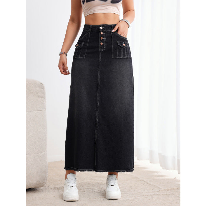 Retro Washed Denim Skirt Distressed Loose Women Fashionable Multi Mid High Waist Slimming