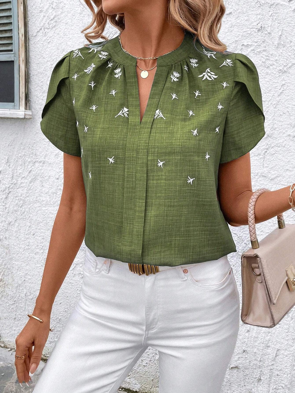 Spring Summer Half Open Collar Short Sleeve Shoulder Wrinkle Pullover Solid Color Printing Shirt T Top for Women