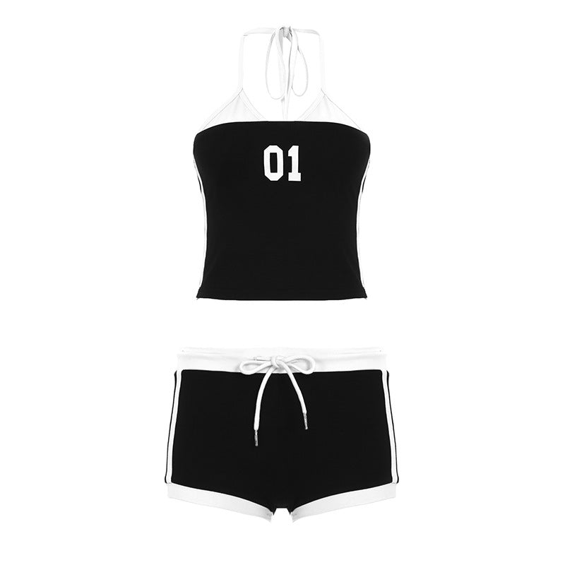 Casual Digital Printing Halter Lace up Vest Striped Contrast Color Street Sports Two Piece Sets