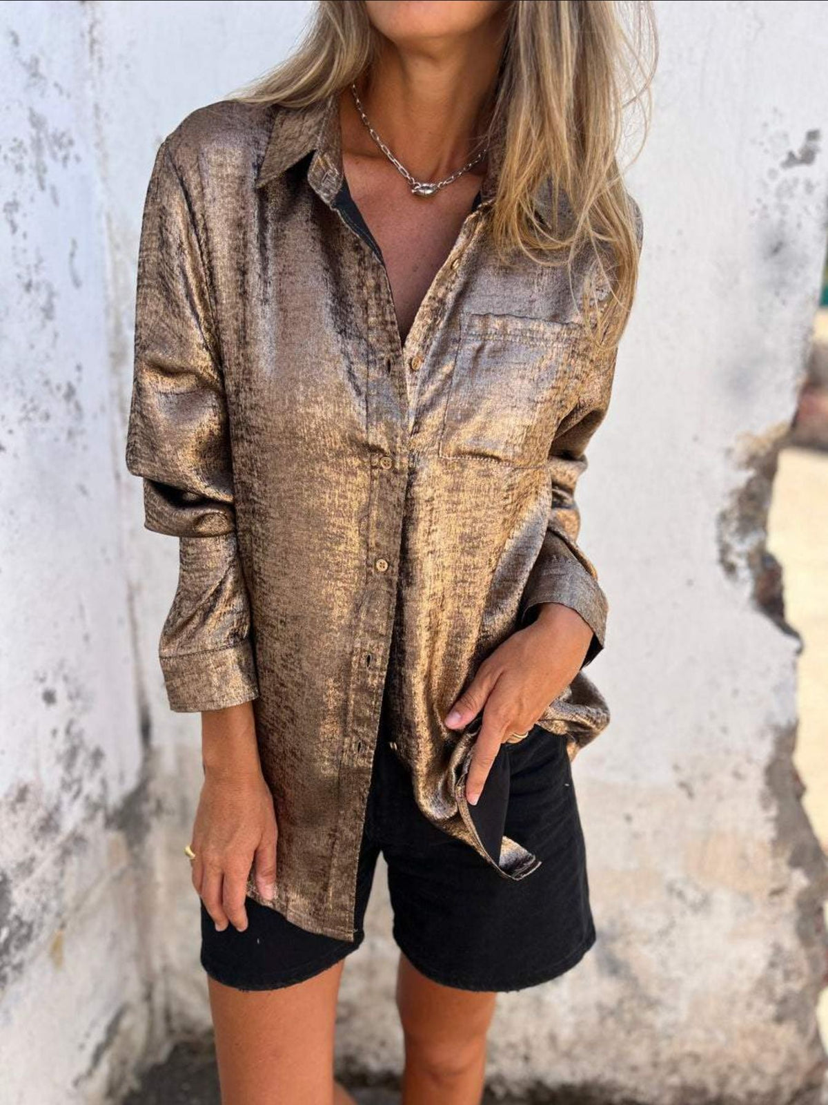 Spring Women Clothing Casual Suede Polo Collar Shirt