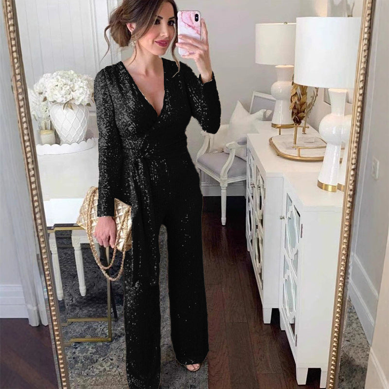 Autumn Fast Buy through Color V neck Long Sleeve Shiny Crystal Sequin Fitted Waist Jumpsuit