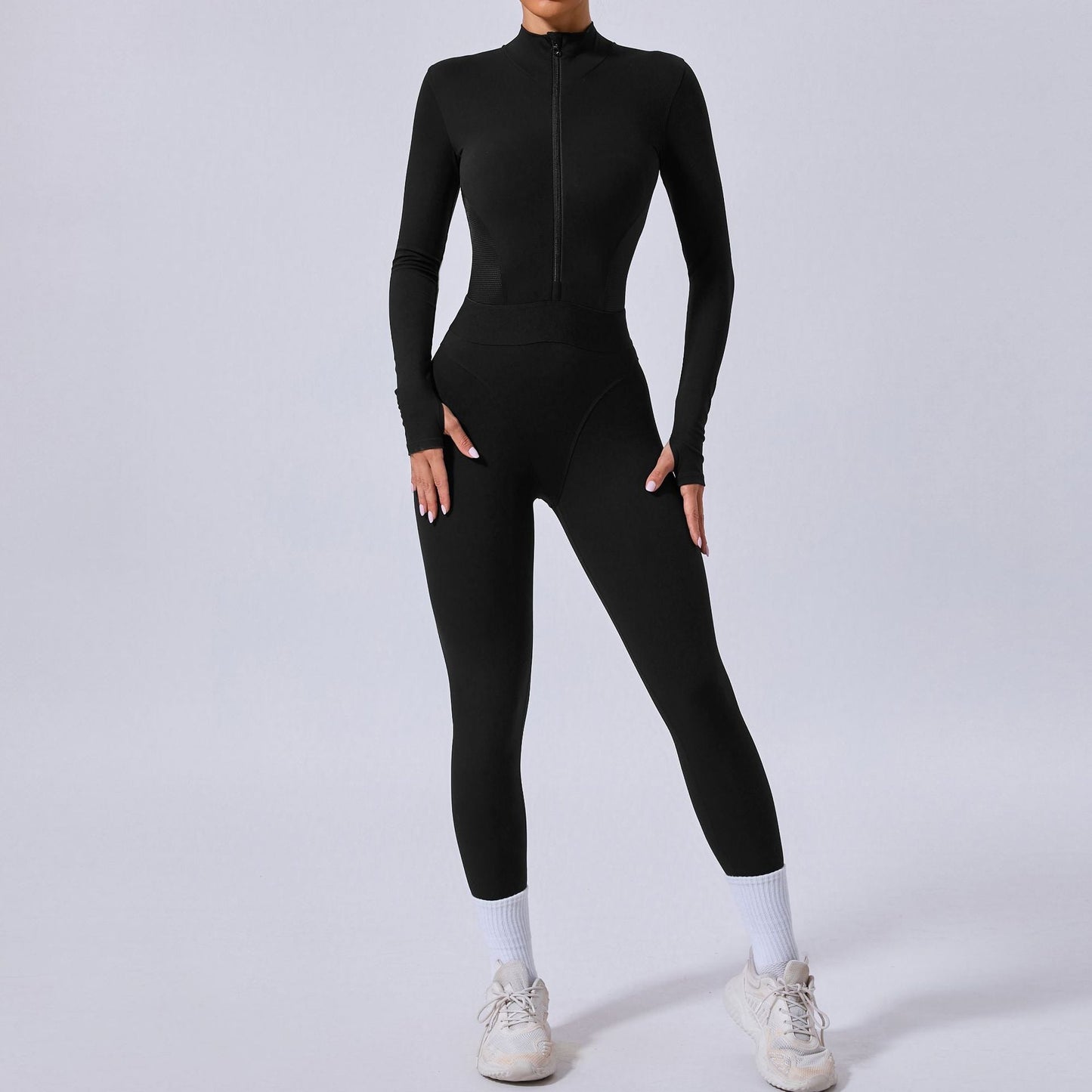Mesh Stitching on Both Sides Yoga Jumpsuit Tight Elastic Waist Finger Hole Stitching Sports Fitness One Piece
