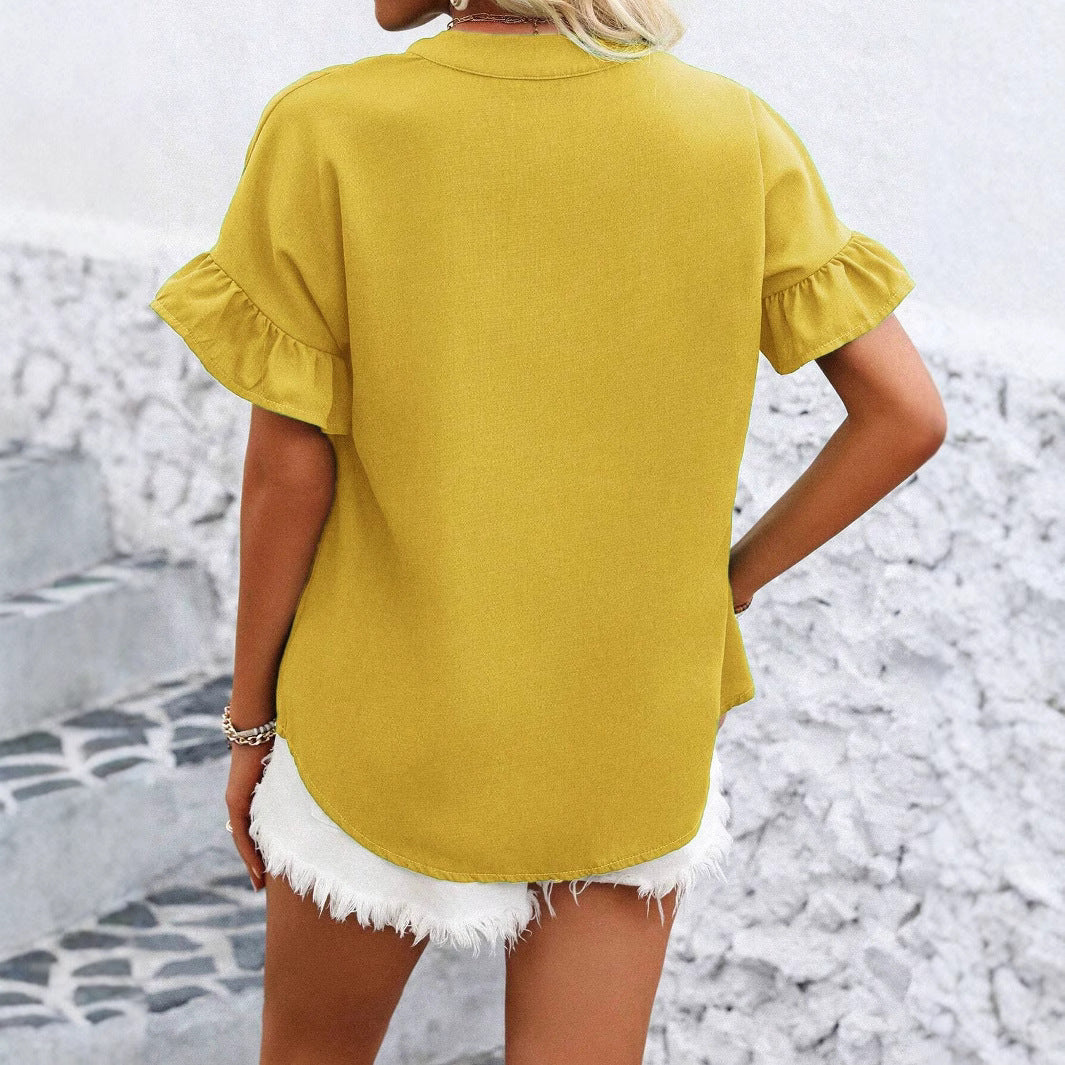 Women Clothing Casual Short Sleeve Pleated Shirt Button Solid Color Cotton Linen Stand Collar Shirt for Women