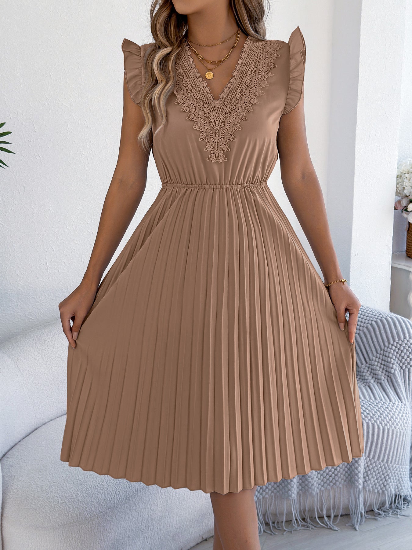 Women Clothing Spring Summer Casual Lace V neck Wooden Ear Cinched Pleated Dress