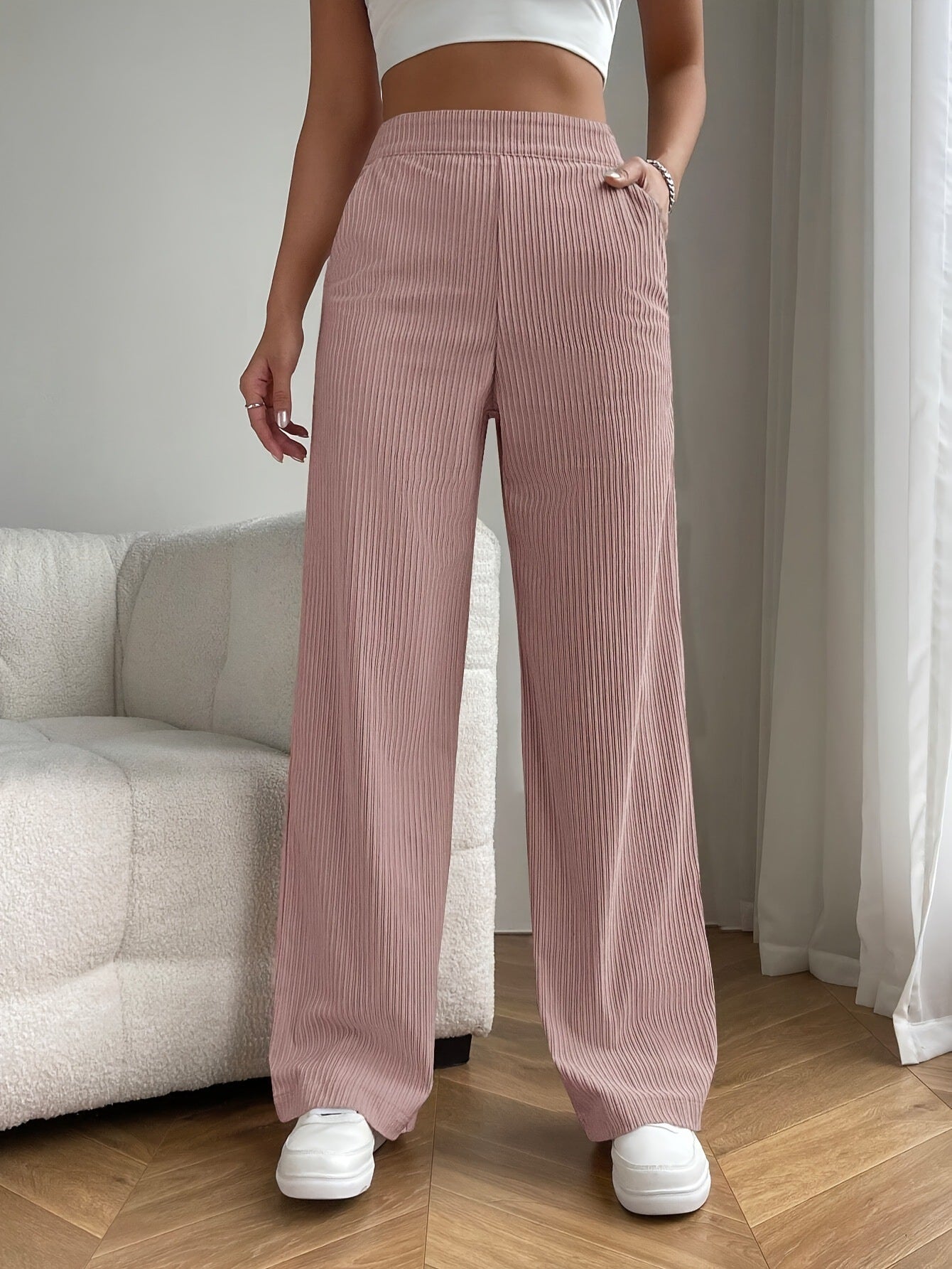 Spring Autumn Summer High Waist Loose Wide Legs Slimming Drape All Matching Corduroy Casual Straight Pants